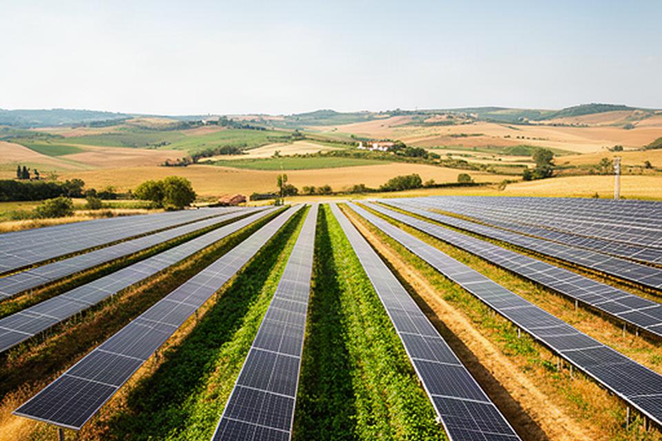 Hileras de paneles solares bajo el sol del sur de Europa junto a campos agrícolas