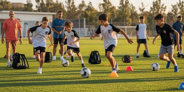 Jóvenes futbolistas entrenando en un campo de césped junto a sus técnicos