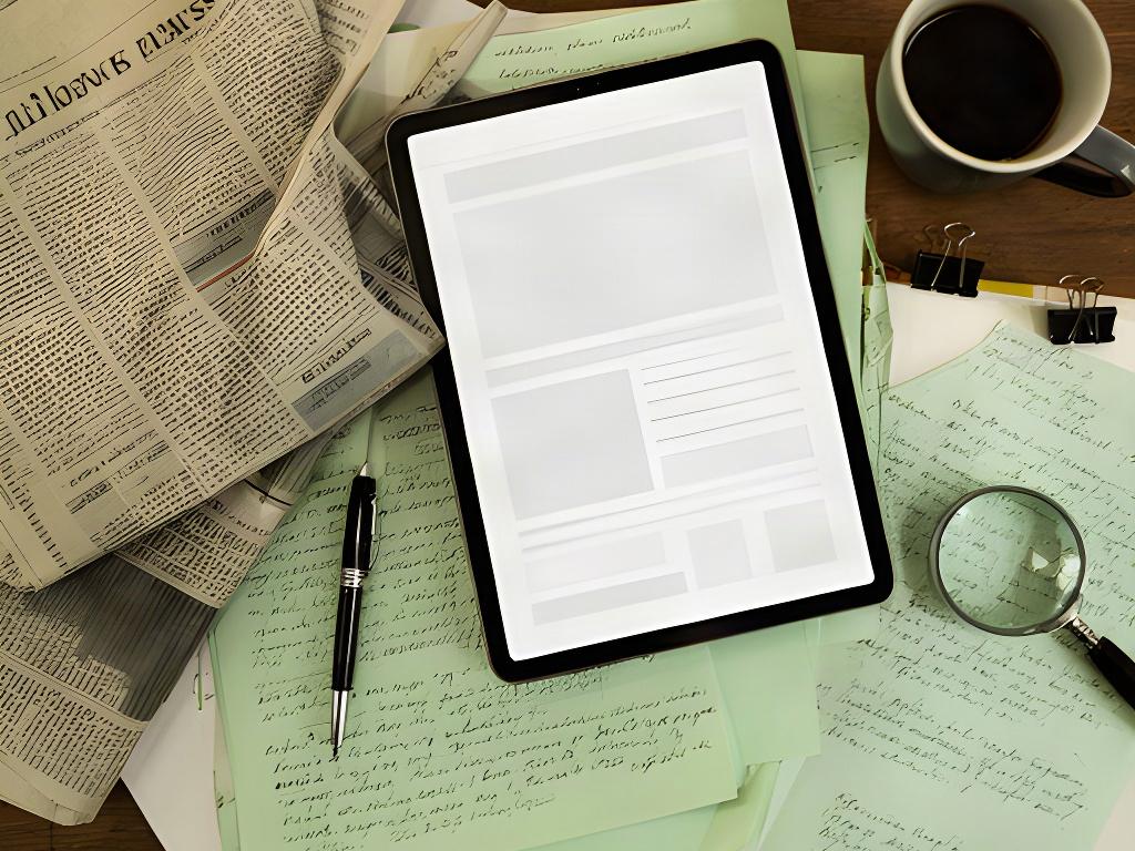 Mesa de trabajo con periódicos, notas y una tableta mostrando una portada de noticias