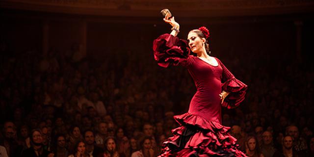 Bailarina de flamenco actuando ante un público lleno en un teatro sevillano