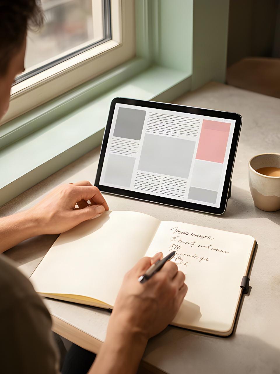 Lector consultando un portal de noticias en una tableta junto a un cuaderno con apuntes